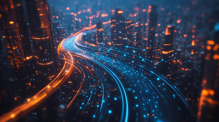 Smart digital Innovation city Business skyscrapers in the Financial District  with connection network reciprocity over the cityscape at night time of future smart wireless social media networking 