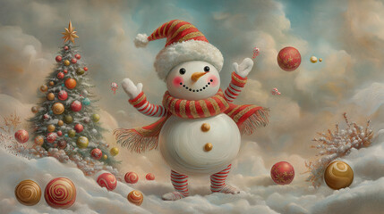 Vintage post card with snowman and christmas tree and balls.