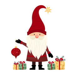 Сheerful gnome with long white beard, holding red ornament, surrounded by wrapped presents in green and gold with red bows. Cute Christmas character gnome in children's cartoon style. For decor.