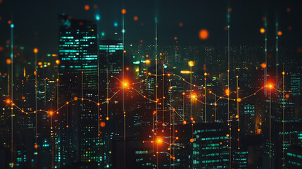 Fototapeta premium Smart digital Innovation city Business skyscrapers in the Financial District with connection network reciprocity over the cityscape at night time of future smart wireless social media networking 