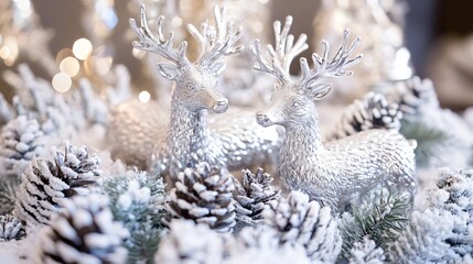 Decorative silver reindeer figures surrounded by snowy pinecones and frosted berries for a magical winter wonderland look