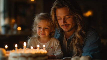 A family celebrates a birthday celebration in a low-lit place in a low key cake celebration
