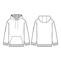 Pullover Hoodie with Kangaroo Pocket Front and Back View Flat Template

