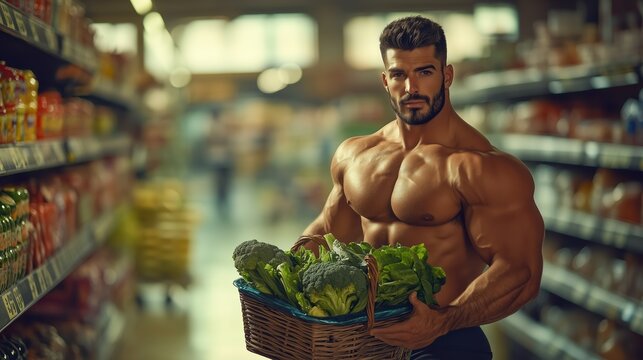 A muscular young man stands in a colorful supermarket aisle, confidently holding a basket filled with fresh vegetables, showcasing his commitment to healthy living