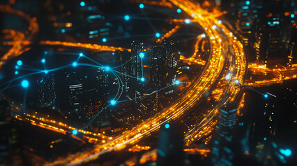 Smart digital Innovation city Business skyscrapers in the Financial District  with connection network reciprocity over the cityscape at night time of future smart wireless social media networking 