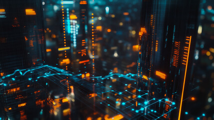 Obraz premium Smart digital Innovation city Business skyscrapers in the Financial District with connection network reciprocity over the cityscape at night time of future smart wireless social media networking 