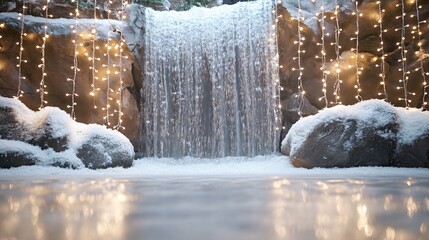 Frozen waterfall backdrop with twinkling white lights, creating an ethereal winter wonderland effect for Christmas decor