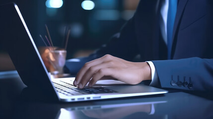  A suited man is engaged in typing on his laptop, reflecting a business-oriented atmosphere