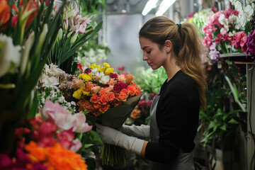 Fototapeta premium Florist preparing a colorful bouquet in a flower shop surrounded by vibrant blossoms in a bustling city. Generative AI