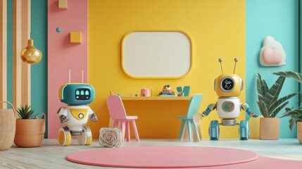 Brightly colored walls and furniture create a cheerful children's room with friendly robot assistants ready to engage and entertain. Generative AI