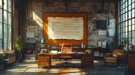 A Modern Business Office Showcasing the Sunk Cost Fallacy Through a Torn Contract Framed on the Wall