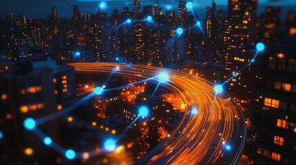 Obraz premium Smart digital Innovation city Business skyscrapers in the Financial District with connection network reciprocity over the cityscape. of future smart wireless digital city and social media networking