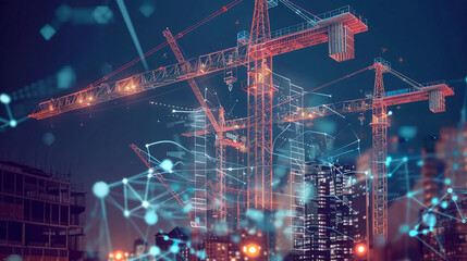 Construction Site at Night Showcasing Cranes and Digital Overlays Illustrating Progress in Urban Development and Technology in a Bustling City
