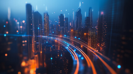 Fototapeta premium Smart digital Innovation city Business skyscrapers in the Financial District with connection network reciprocity over the cityscape. of future smart wireless digital city and social media networking