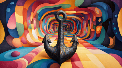 A Detailed Illustration of Arrows Leading to a Stone Anchor Below a Billboard, Symbolizing the Anchoring Effect in Advertising and Consumer Perception