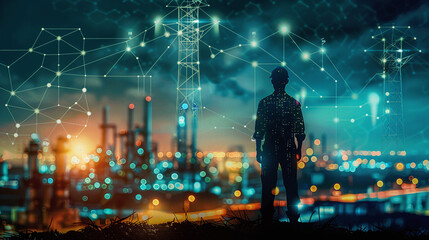 A Person Stands in Silhouette Overlooking a Futuristic City Skyline, Illuminated by Energy Towers and Digital Connections During Twilight