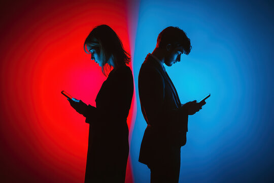 Mobile phone users standing in colorful light silhouette