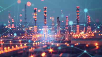 A Bustling Industrial Landscape at Dusk With Illuminated Refineries and Communication Network Overlays in a Vibrant Urban Setting