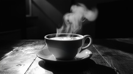 Coffee cup with steam rising. Black background. Elegant, minimalist  scene.