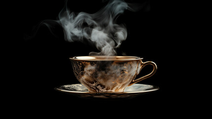 Fototapeta premium Coffee cup with steam rising. Black background. Elegant, minimalist scene.
