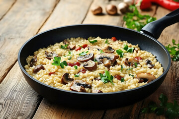 Delicious mushroom risotto served in a black skillet on a rustic wooden table. Generative AI