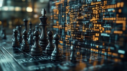 Digital chessboard with metal chess pieces, set against a futuristic background with glowing data and code, symbolizing strategy and technology.