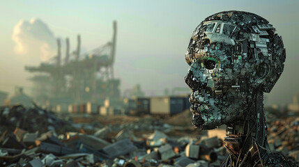 A Futuristic Robot Head Made From Discarded Technology Overlooks a Junkyard in a Post-Industrial Landscape Under a Hazy Sky During Sunset