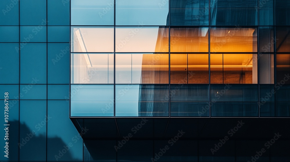 Poster a close-up view of a modern glass building with illuminated interior.