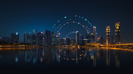 Naklejka premium Smart digital Innovation city Business skyscrapers in the Financial District with connection network reciprocity over the cityscape. of future smart wireless digital city and social media networking