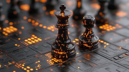 Futuristic chess pieces glowing with orange lights on a dark, circuit-themed chessboard, creating a high-tech, cyber atmosphere.