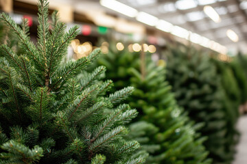Various Christmas trees in the supermarket