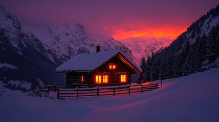Fototapeta premium Cozy winter cabin with fence at sunset