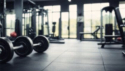 blurred gym background, sports fitness room with treadmills and exercise equipment in defocus, and text copy space