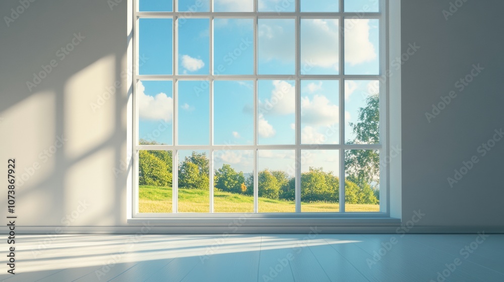 Aufkleber Natural light floods through a window, showcasing a tranquil landscape of trees and a vibrant sky, enhancing the room's atmosphere. Generative AI