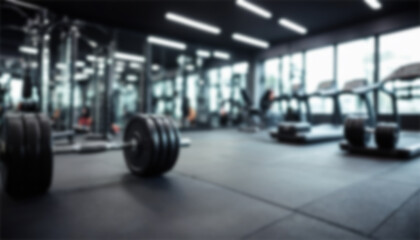 blurred gym background, sports fitness room with treadmills and exercise equipment in defocus, and text copy space