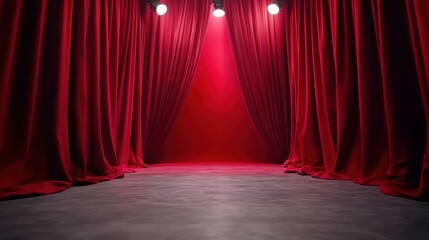 Red velvet theater curtains part under bright stage lights, creating a dramatic ambiance, AI