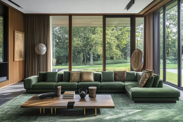 Modern green living room with large windows offering a view of lush greenery and elegant furniture in a contemporary setting. Generative AI