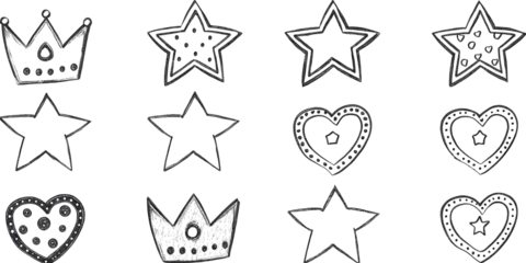 Set of hand drawn doodle objects - stars, crown and hearts isolated on white  background.AI GENERATED