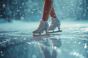 Female glittering ice skates on winter ice rink with bokeh lights and snowfall, capturing festive atmosphere, low angle view, evoking feelings of enchantment and holiday spirit.