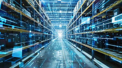 Innovative Storage Facility With Advanced Technology Displaying Interconnected Systems and Data Flow in a Modern Warehouse Environment