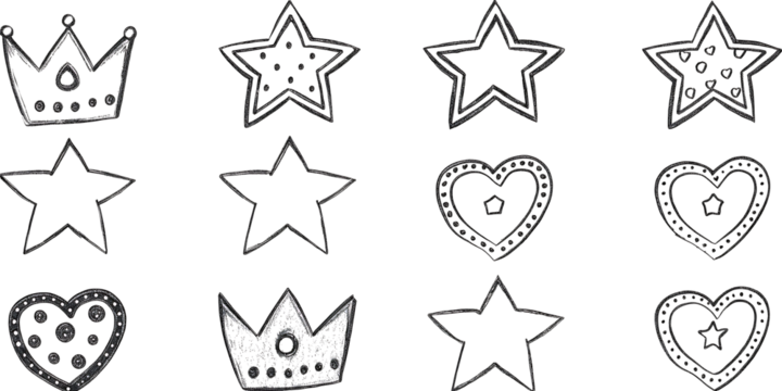 Set of hand drawn doodle objects - stars, crown and hearts isolated on white  background.AI GENERATED