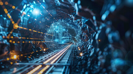 Illuminated Underground Tunnel With Tracks and Digital Network Visualization Representing Advanced Mining Technology at Night