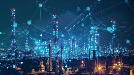A Nighttime View of an Industrial Complex Illuminated With Lights and Digital Connections, Showcasing Modern Technology Integration in Manufacturing