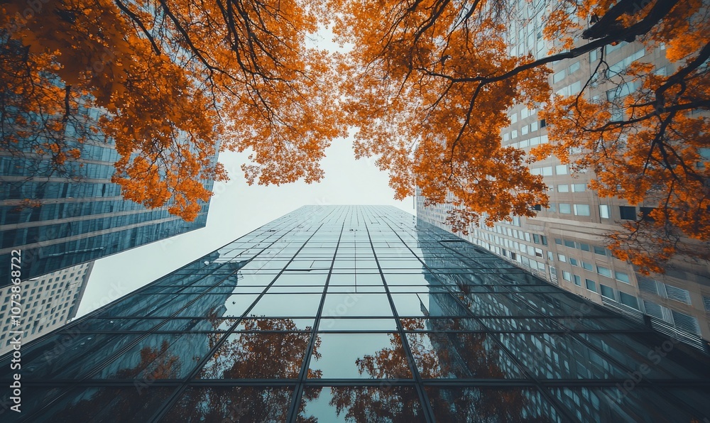 Aufkleber a low angle view of a skyscraper with autumn leaves in the foreground.
