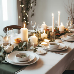 Festive Christmas Dinner Table with White, Rich Tones Captured in a Classic Holiday Photography Style