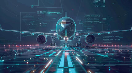 Futuristic Airplane Design With Digital Elements and Holographic Technology Displayed Against a Dark Backdrop