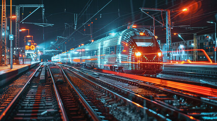 A Modern Train Travels Along Illuminated Tracks at Night, Showcasing Vibrant Lights Against the Urban Landscape in a Bustling Railway Station