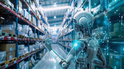 A Humanoid Robot Interacts With Digital Data in a Modern Warehouse Filled With Boxes During Daytime Operations