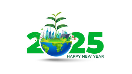 New year 2025 with tree plant, earth and eco city skyline isolated on white background.