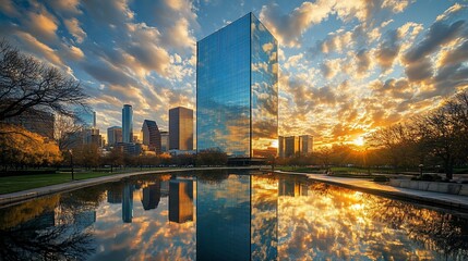 Fototapeta premium A modern city skyline with a reflective pond and a beautiful sunrise in the background.